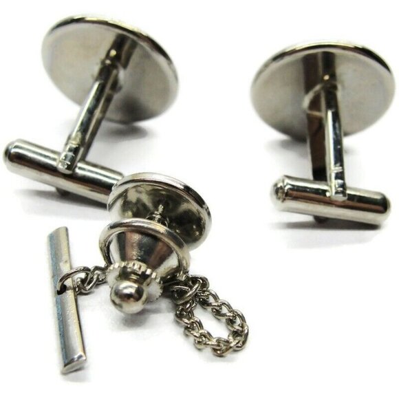 Deft Blue Cufflinks and Tie Tac Set Silver Tone Tux Shirt Dress Suit Vintage - Picture 3 of 5